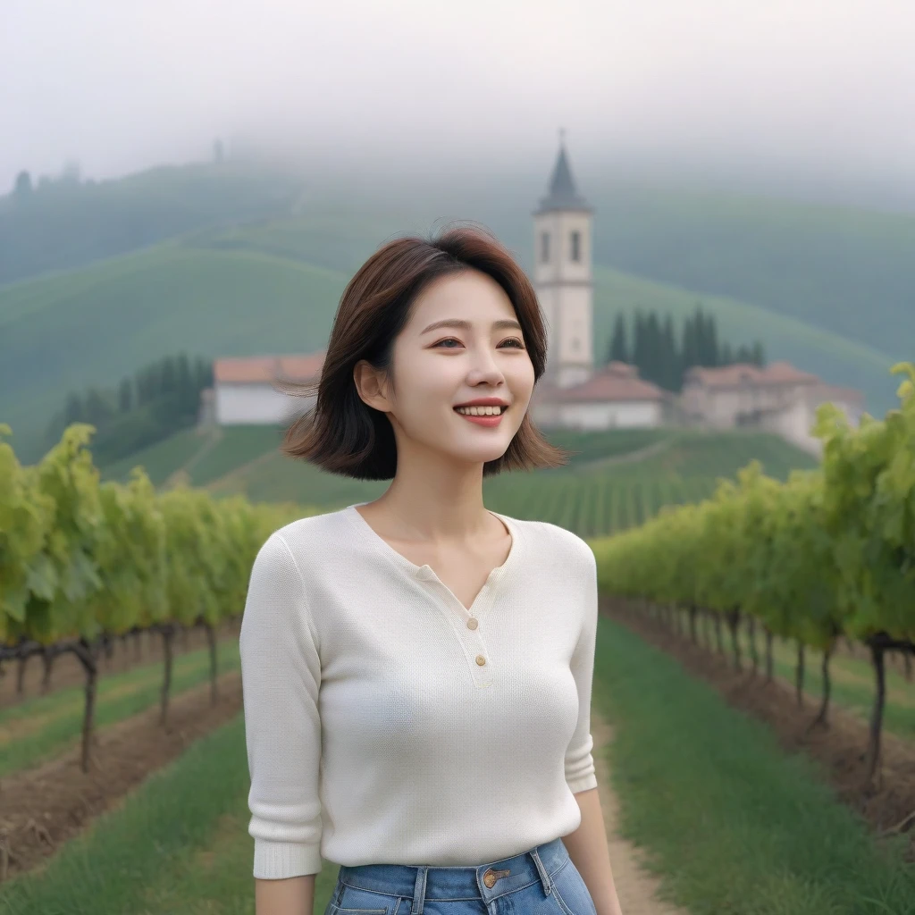 8k best picture quality, Beautiful 36-year-old Korean woman, My skin is good and my eyes are clear and pretty... clear and nice weather. Chest size 34 inches, italian countryside, past the vineyard, A cathedral can be seen in the fog in the distance.., The back background is realistic and vivid quality., Short and medium hair blowing in the wind, Wearing a white shirt under a luxurious knit. casual pants, laugh. the background is clear, Short and slim Korean woman, stand far away, Photo taken with a wide-angle lens, 1 woman