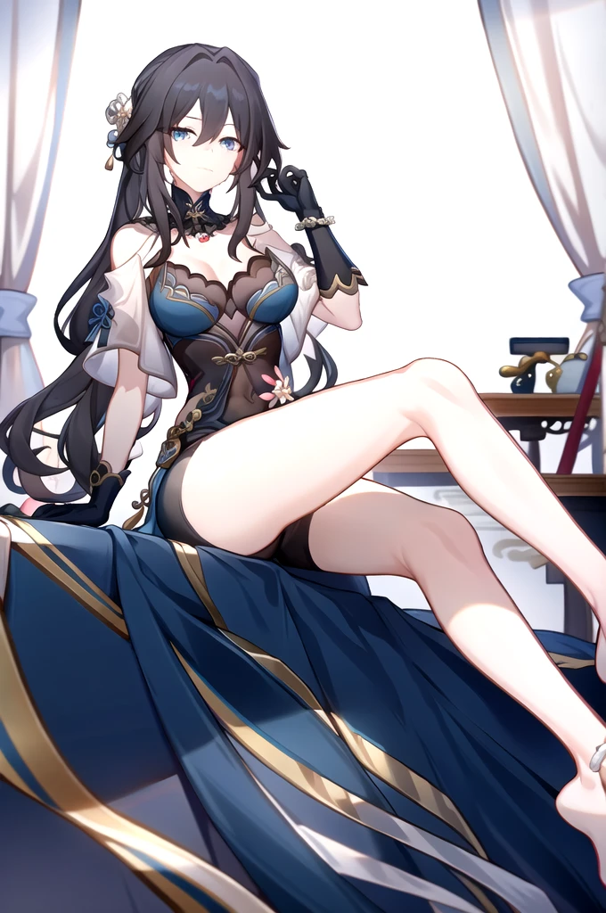 RUANMEI,Bangs,Long hair,skirt,Gloves,Hair between the eyes,Jewelry,Hair accessories,blue eyes,Black Hair,flower,black Gloves,blue skirt,indoors,bedroom,on the bed,A faint smile,Rosaria,, 1 Girl,
, (masterpiece,best quality:1.2),absurd,whole body,Long legs,pretty feet,Bare legs,sexy