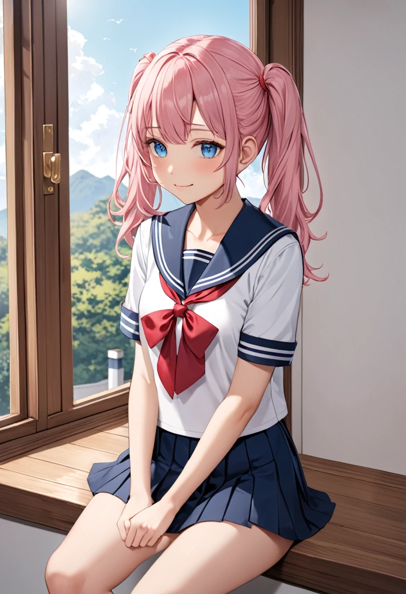 (masterpiece, top quality, very aesthetic, 4k、), intricate detail, 1girl,Sit on the window sill and look outside、(cowboy shot)、light smile、(Super long sideburns)、
Cute 、pink hair、twintails,middle hair,sidelock ,high school girl,blue eyes、serafuku、sailor uniform、small breasts,Slim 、