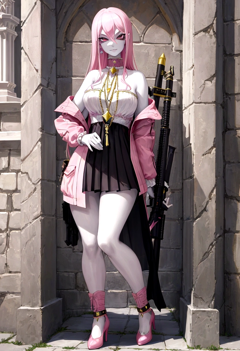 (masterpiece, Best quality, 32 thousand.), (((facing the viewer, full height))), ((full body)), Young  girl with pink hair , ((pink глаза)), ((Eyeliner)), ((Beautiful face, sultry face, mischievous face, fine features, sexy face)), ((pale skin, Smooth skin, perfect skin)), ((cute outfit, Stylish outfit, Medieval attire, fantasy outfit, tactical equipment:1.3))