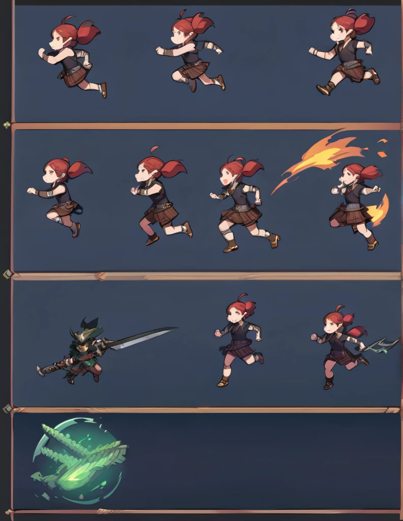 Create a sprite sheet for character animations that includes frames for movement, running, jumping, sword attack,dark hudied hunter