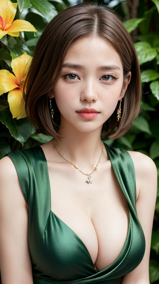 ((Highest quality, 8K, masterpiece :1.3)), (Sharp focus :1.2, Beautiful woman with perfect figure :1.4, Slim Abs :1.2), ((Big Breasts, Emphasize cleavage:1.3)), (Photorealistic:1.4), (realistic:1.4), (Short Bob Hair, Light brown hair:1.5), (cheerful Smile:1.5), Highly detailed face and skin texture, Fine grain, double eyelid. Makeup face, A little bit of lipstick, necklace, Earrings, sex appeal, Sexy gravure pose, ((Sexy woman in green silk dress、Tropical Garden、Elegant smile、Posing surrounded by flowers。:1.3)
