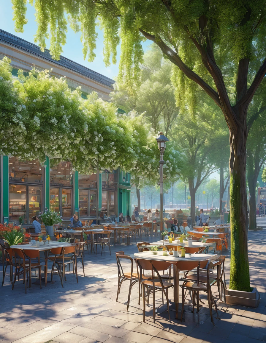 (best quality, Super detailed, Intricate details, professional, official art works, representative work), Spring morning, Cafeteria, Sunlight, masterpiece, perfect composition, bright colors, Realistic lighting