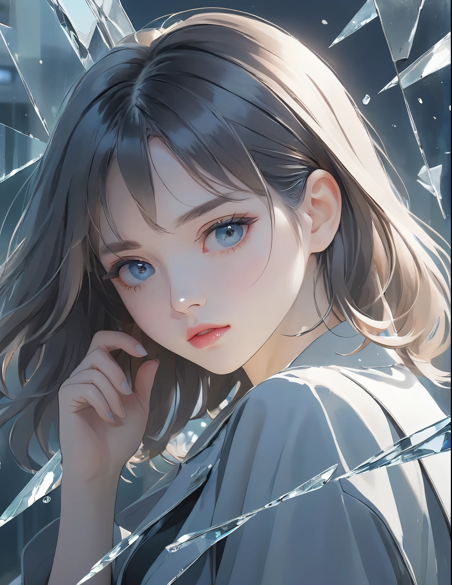 (anime style:1.4),超High resolution, Attention to detail, high quality, High resolution, 最high quality, 4K, 8K,posters、artwork、Works by famous artists、Stylish and cool piece、Girl reflected in broken glass、Picture from the front、face、Put your right hand on your cheek、Sad expression、Semi-long hair、Cute Girls