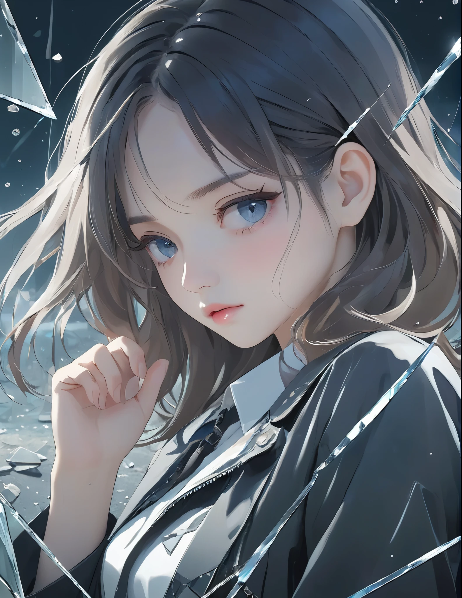 (anime style:1.4),超High resolution, Attention to detail, high quality, High resolution, 最high quality, 4K, 8K,posters、artwork、Works by famous artists、Stylish and cool piece、Girl reflected in broken glass、Picture from the front、face、Put your right hand on your cheek、Sad expression、Semi-long hair、Cute Girls