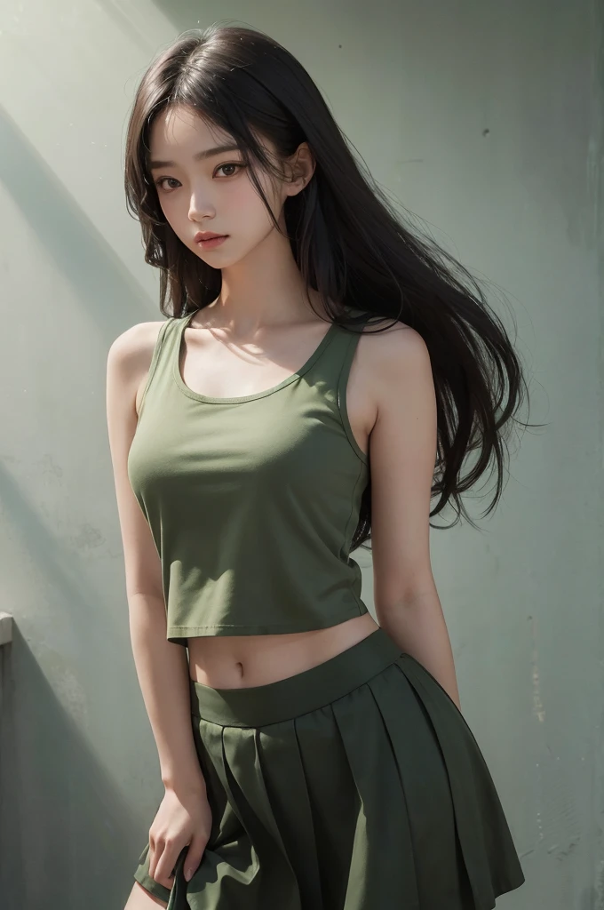 20 year old girl, green tank top, dark green skirt, long hair, high contrast (Natural skin texture, Hyperrealism, Soft Light, sharp), portrait, standing, kpop