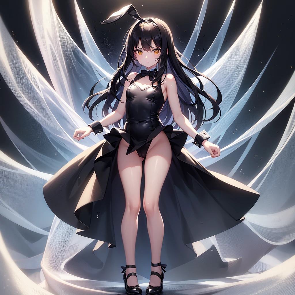 ((Bunny girl)),Cute little ,Tiny ,Small girl,,Childish face, Very fine clean face,Top quality,Straight Hair,Black hair,(Dark Room), Subtle light, Natural light,Soft lighting,Light from directly behind,(Open your hands), (Are standing),Front view,Black background