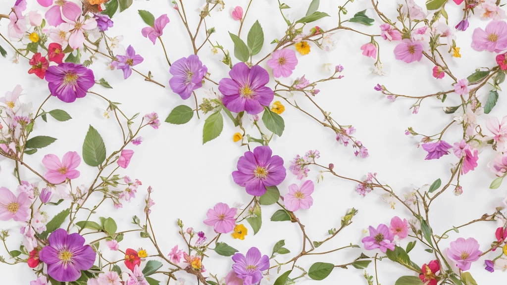 White background in the center、Colorful multicolored flowers, Bohemian Flower Vine, Floral Background, flower details, 夢のようなFloral Background, floral motif, Dreams of flowers, pressed flower, Floral, White background without shadows, 8K、A wreath made of cherry blossom branches and flowers、No text
