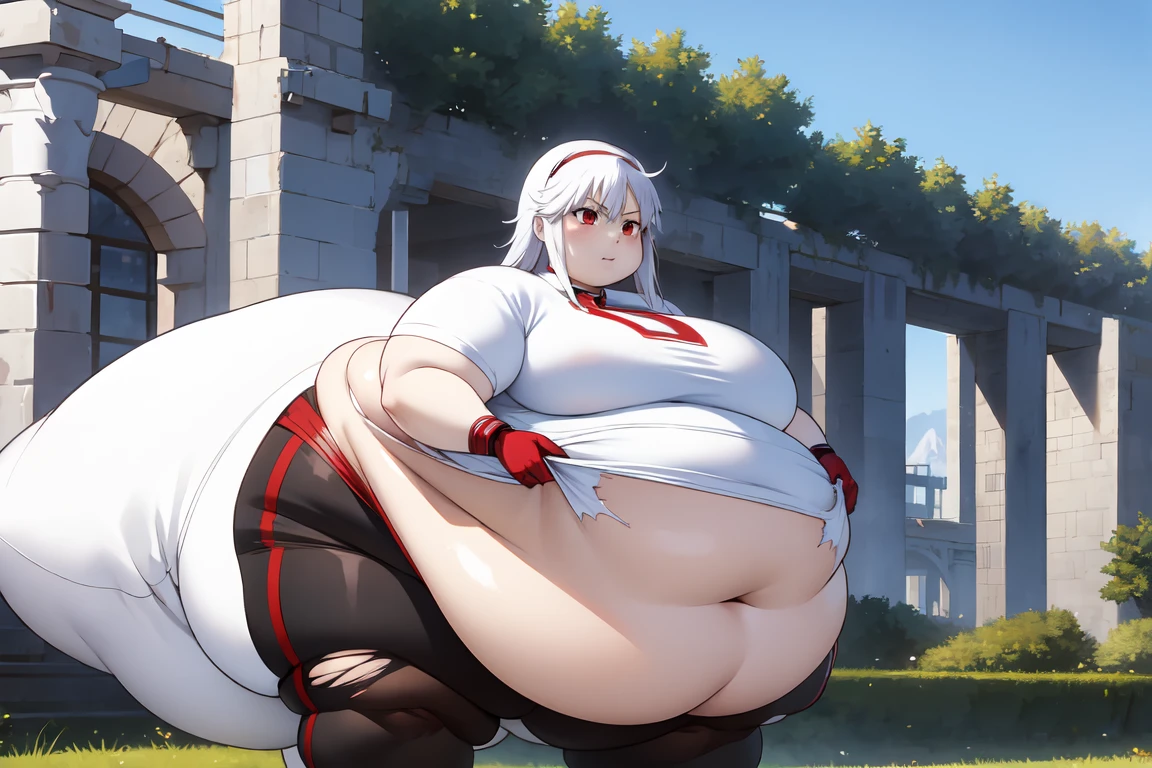 red eyes, accelerator (toaru majutsu no index), white hair, shirt, girl:1.3, massive breasts, wide hips, outdoors, lake, upper body, torn clothes, massive hips, chubby