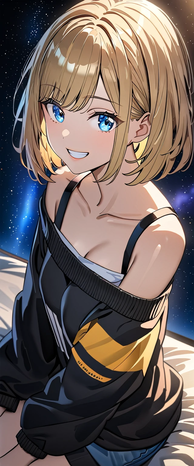 from side, ((grin)), sunglasses, hand to sunglasses, ((off-shoulder sweater:1.3, Quite thick shoulder straps)), ((black sweater)), (()), (((from above))), ((((upper body)))), ((Leaning to side)), (((a beautiful starry sky, the Milky Way shining beautifully in the night))), ((sitting on the very high cliff)), wavy hair, inward curled hair, sea, ((blond hair, bob cut:1.3)), breasts, teenager, (looking at viewer), oversized clothes, puffy long sleeves, collarbone, head tilt:1.3, (((blue eyes))), happy smile, (((anime style))), (best quality, 4K, 8K, highres, masterpiece:1.2, ultra-detailed, ultra-detailed eyes, HDR, uhd, studio lighting, ultra-fine painting, sharp focus, physically-based rendering, extreme detail description, professional, vivid colors, bokeh)