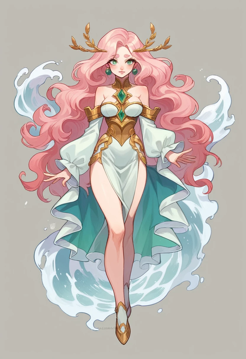 best quality, contrast light, masterpiece, front view, full length, A 21-year-old female human with a lithe, agile build and fair skin. Her long, flowing hair is a striking blend of pink and silver, cascading down her back in loose waves. She has piercing dark green eyes and a heart-shaped face with high cheekbones. Her lips are full and naturally rosy, and her narrow, high-arched eyebrows frame her eyes perfectly.