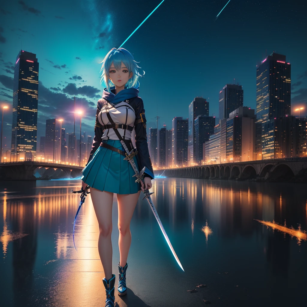 Blue haired anime girl holding a sword in front of a city, Anime Style 4k, Turquoise hair anime girl, Nightcore, Wallpaper Anime Blue Water, anime wallpaper 4k, anime wallpaper 4k, 4k anime wallpaper, HD Anime Wallpaper, Amazing anime 8k, anime art wallpaper 4k, Ultra HD Anime Wallpaper, anime art wallpaper 4k
