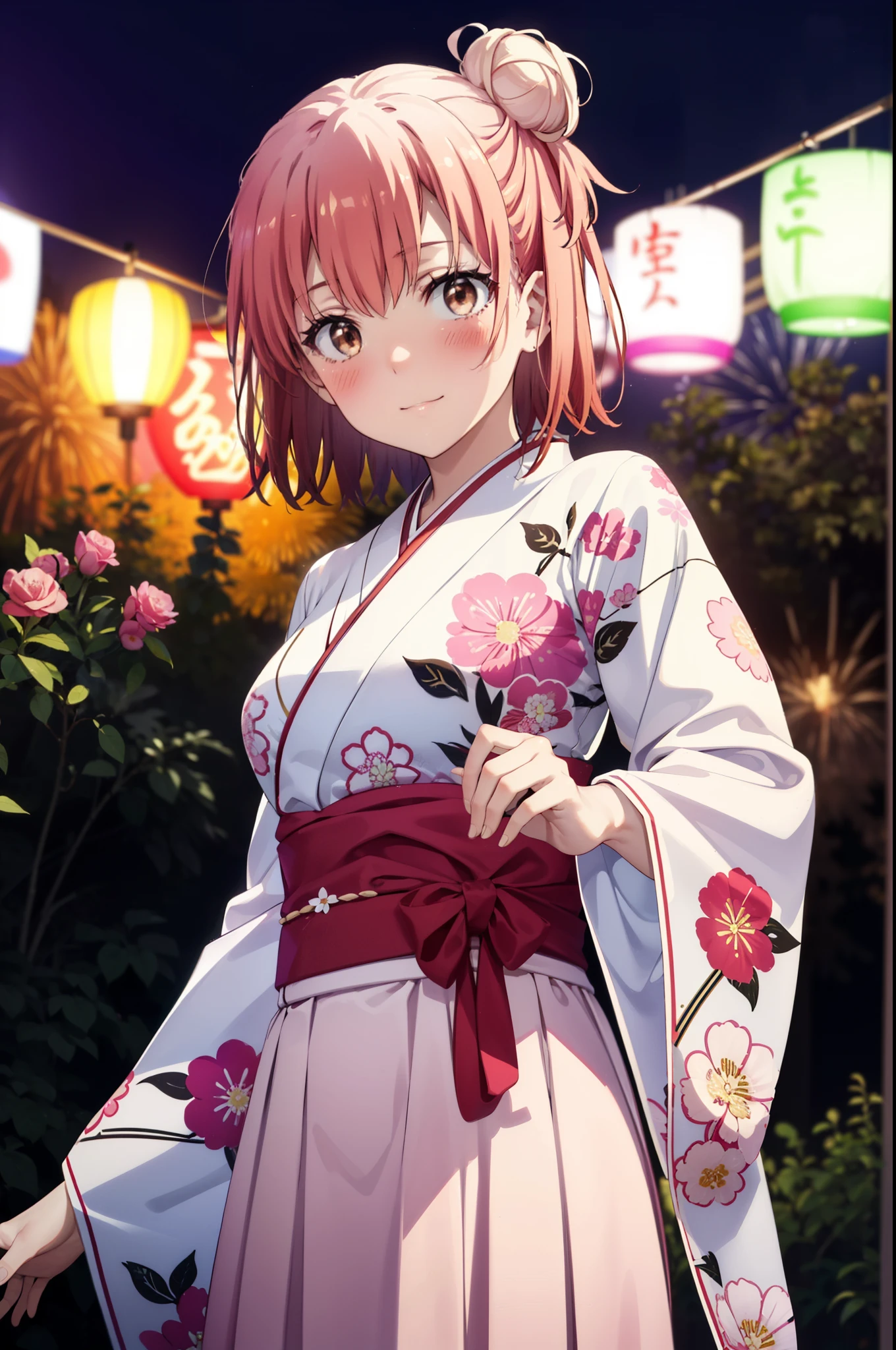 yuiyuigahama, yui yuigahama, short hair, (Brown eyes:1.5), (Pink Hair:1.2), smile,blush,Hair Bun,single Hair Bun, smile,Flower Hair Ornaments,Big Breasts,Pink kimono,Thick sleeves,Pink long skirt,Japanese Festivals,Summer festival food stalls,Red lantern,Fireworks in the night sky、Fireworks,The place is a fireworks display,Time is night,whole bodyがイラストに入るように
break outdoors, shrine,
break looking at viewer, whole body, (Cowboy Shot:1. 5)
break (masterpiece:1.2), Highest quality, High resolution, unity 8k wallpaper, (figure:0.8), (Beautiful attention to detail:1.6), Highly detailed face, Perfect lighting, Highly detailed CG, (Perfect hands, Perfect Anatomy),