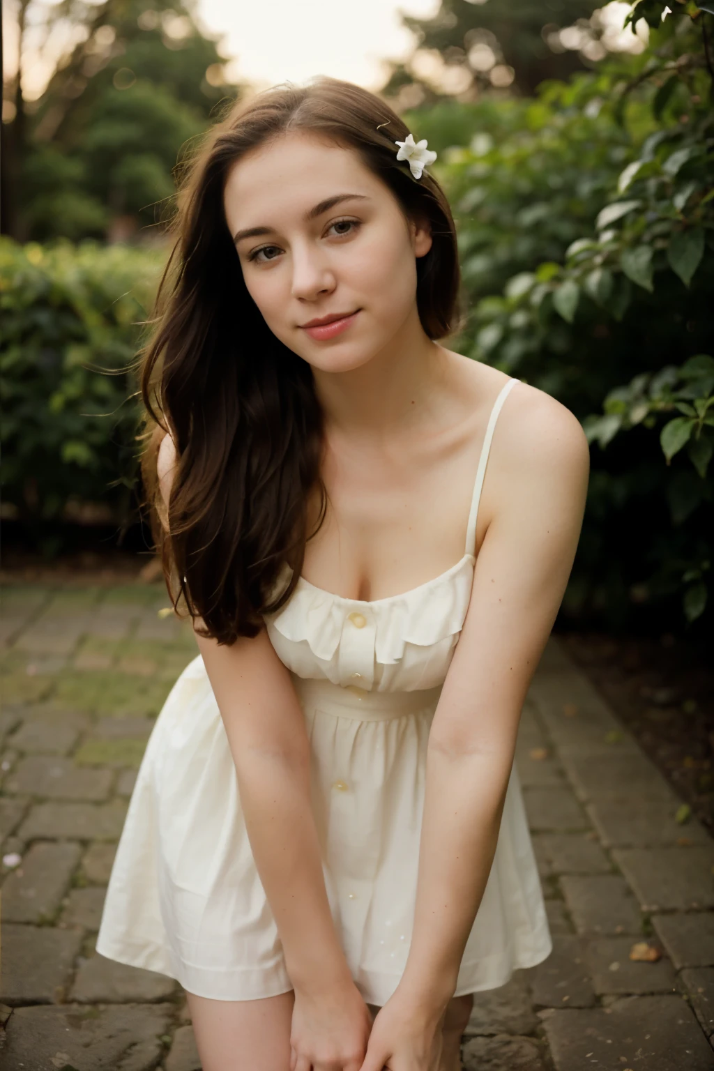 polaroid photo, night photo, photo of 24 y.o beautiful woman, pale skin, bokeh, motion blur, Description: Bending down to pick a flower from a bush.
Details: One knee is slightly bent while the other leg is extended, giving a natural and relaxed posture. One hand is gently picking a flower while the other hand is holding the edge of her sundress. Her head is tilted slightly to the side, and she has a soft smile on her face, capturing the serene and joyful moment