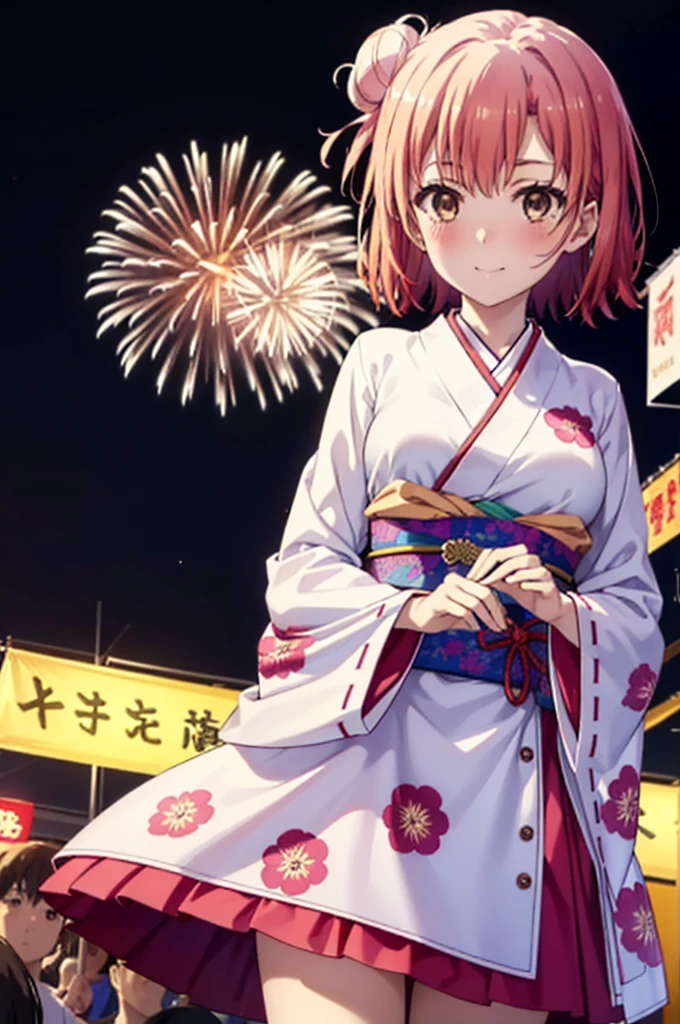 yuiyuigahama, yui yuigahama, short hair, (Brown eyes:1.5), (Pink Hair:1.2), smile,blush,Hair Bun,single Hair Bun, smile,Flower Hair Ornaments,Big Breasts,Pink kimono,Thick sleeves,Pink long skirt,Japanese Festivals,Summer festival food stalls,Red lantern,Fireworks in the night sky、Fireworks,The place is a fireworks display,Time is night,whole bodyがイラストに入るように
break outdoors, shrine,
break looking at viewer, whole body, (Cowboy Shot:1. 5)
break (masterpiece:1.2), Highest quality, High resolution, unity 8k wallpaper, (figure:0.8), (Beautiful attention to detail:1.6), Highly detailed face, Perfect lighting, Highly detailed CG, (Perfect hands, Perfect Anatomy),