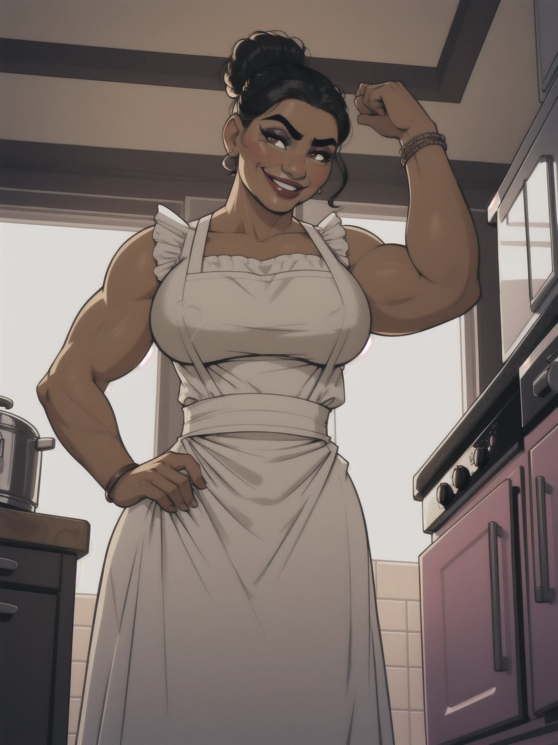 woman, solo, 1woman, retro, wearing dress and apron, (tanned skin:1.1), latina, standing in kitchen, modern kitchen, (huge breasts:1.1), (nipple outline:0.7), muscular, black hair, updo, hair bun, makeup, looking down at viewer, hands on hips, (from below:1.3), (extremely low angle:1.2), smiling, incase, facing viewer, luisaxl,