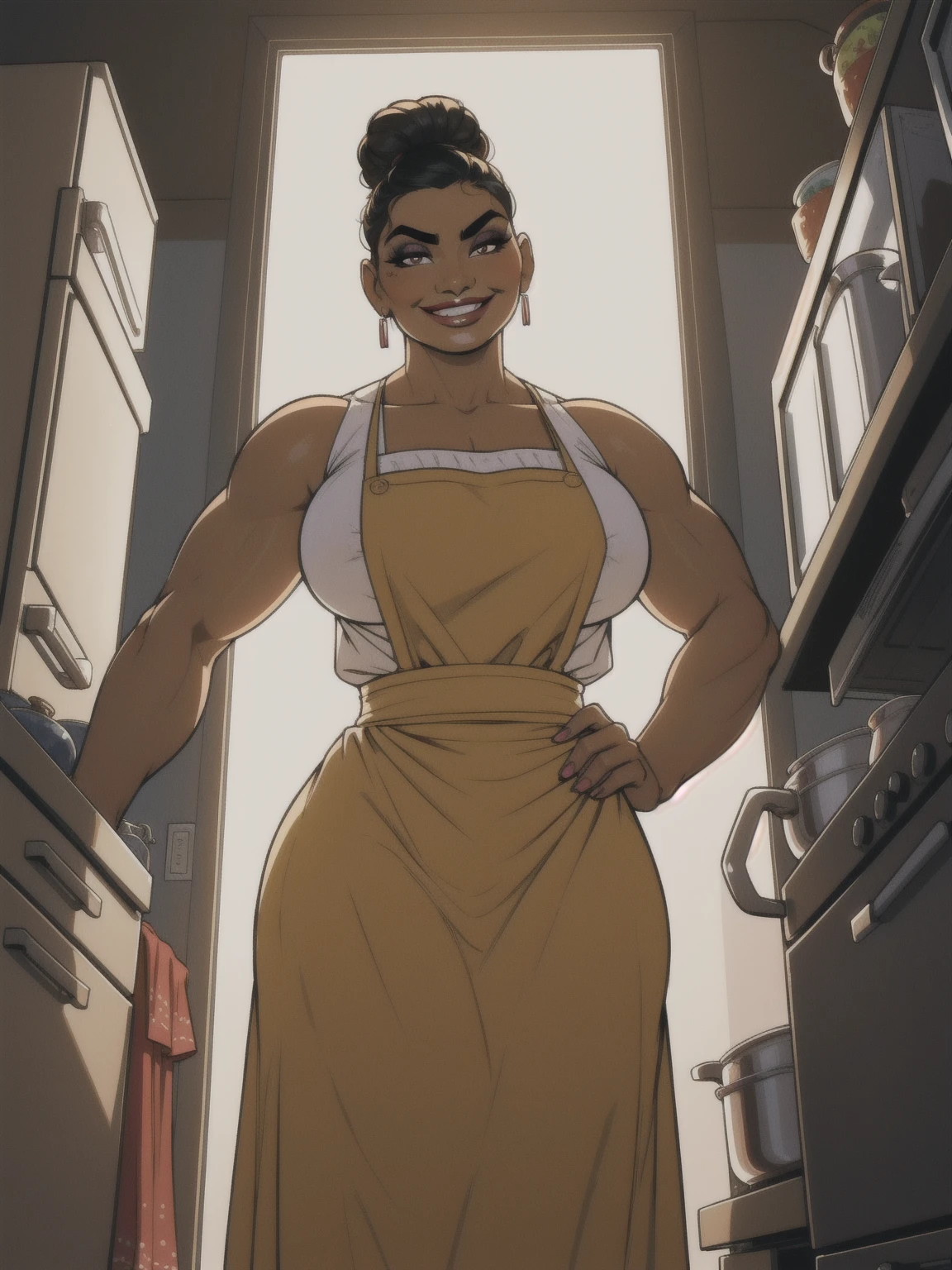 woman, solo, 1woman, retro, wearing dress and apron, (tanned skin:1.1), latina, standing in kitchen, modern kitchen, (huge breasts:1.1), (nipple outline:0.7), muscular, black hair, updo, hair bun, makeup, looking down at viewer, hands on hips, (from below:1.3), (extremely low angle:1.2), smiling, incase, facing viewer, luisaxl,