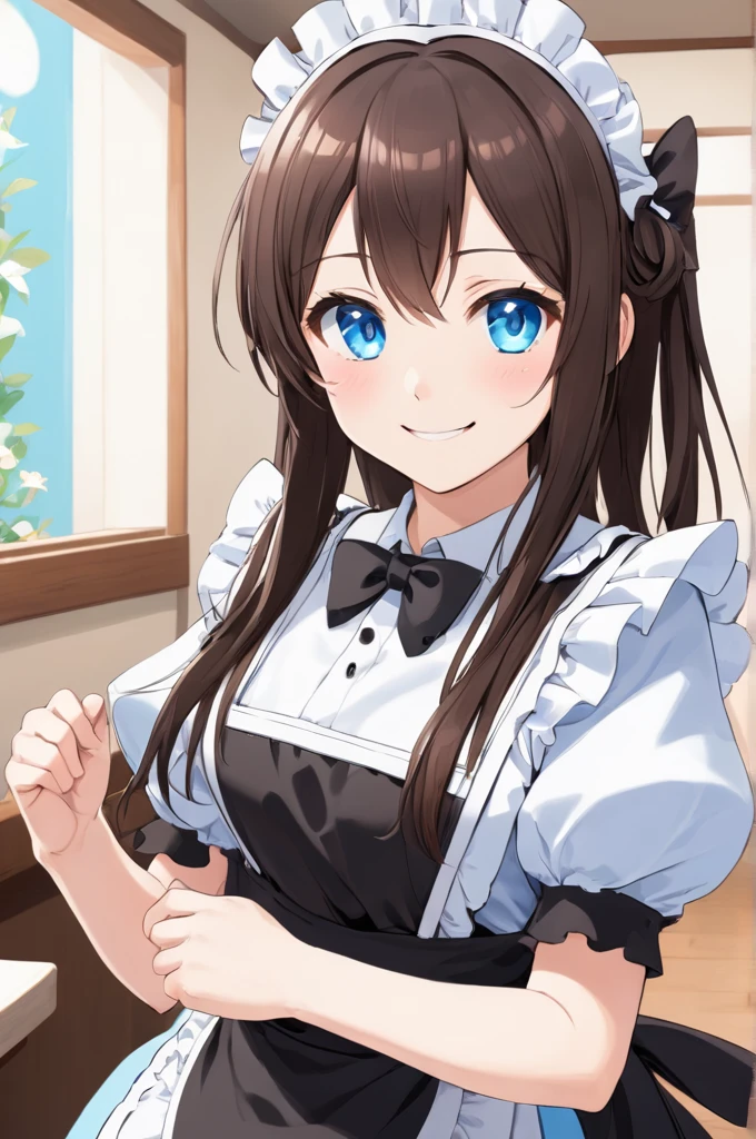 Sakurazaka Shizuku Black brown hair Long Hair Light blue eyes High quality smile Maid outfit maid Cafe Maid's Headband Large light blue hair ribbon Wrist scrunchies Light blue scrunchie
