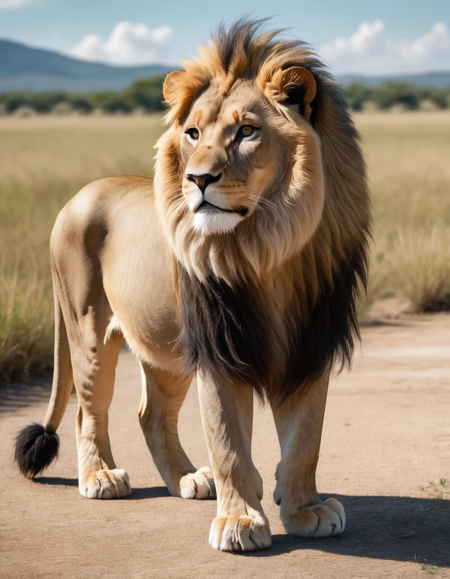 Please depict a realistic lion standing proudly in a savannah. The lion is wearing a red polo shirt, denim pants, and blue shoes. It stands in a confident pose, with a proud expression on its face. The background features an expansive grassland, sparse trees, and a distant view of a blue sky with white clouds. The lion's fur should be depicted in a realistic and detailed manner, with its mane appearing to be gently blowing in the wind.