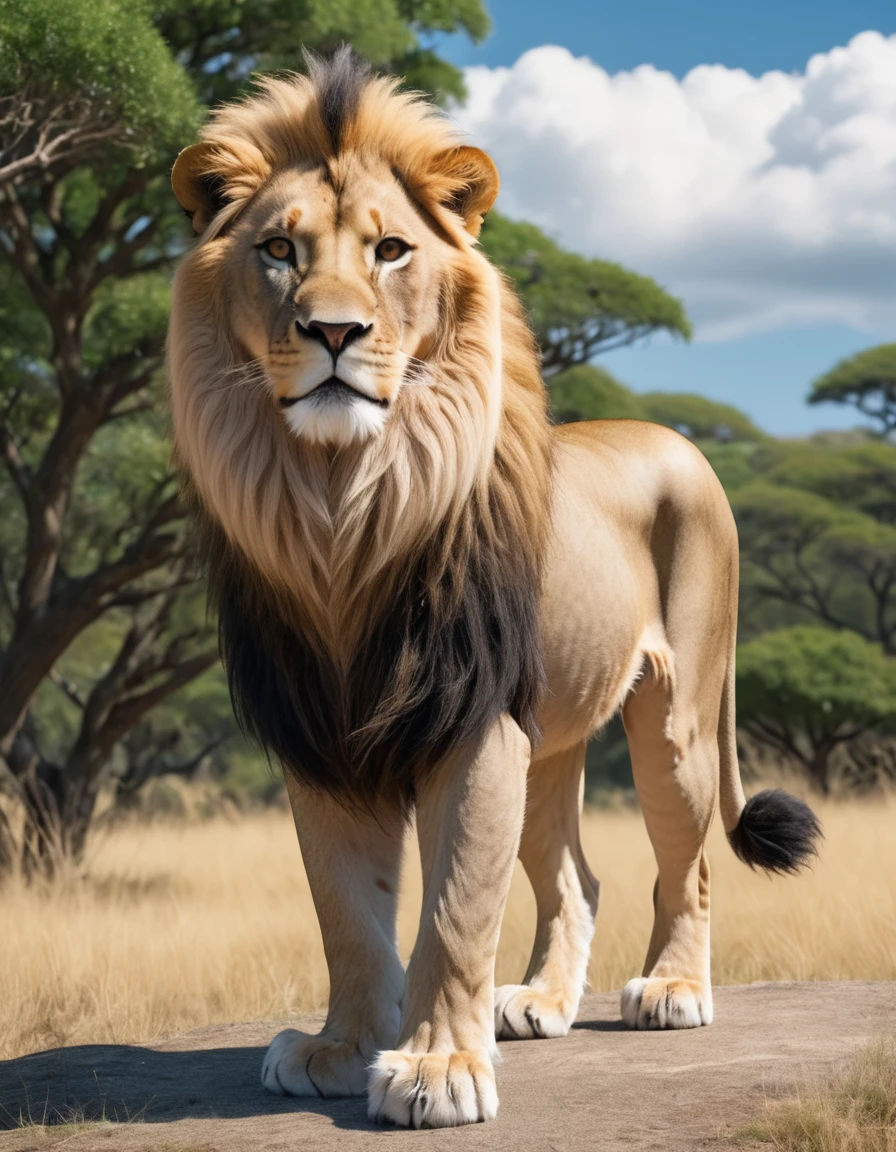 Please depict a realistic lion standing proudly in a savannah. The lion is wearing a red polo shirt, denim pants, and blue shoes. It stands in a confident pose, with a proud expression on its face. The background features an expansive grassland, sparse trees, and a distant view of a blue sky with white clouds. The lion's fur should be depicted in a realistic and detailed manner, with its mane appearing to be gently blowing in the wind.