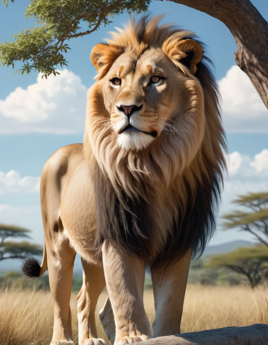 Please depict a realistic lion standing proudly in a savannah. The lion is wearing a red polo shirt, denim pants, and blue shoes. It stands in a confident pose, with a proud expression on its face. The background features an expansive grassland, sparse trees, and a distant view of a blue sky with white clouds. The lion's fur should be depicted in a realistic and detailed manner, with its mane appearing to be gently blowing in the wind.