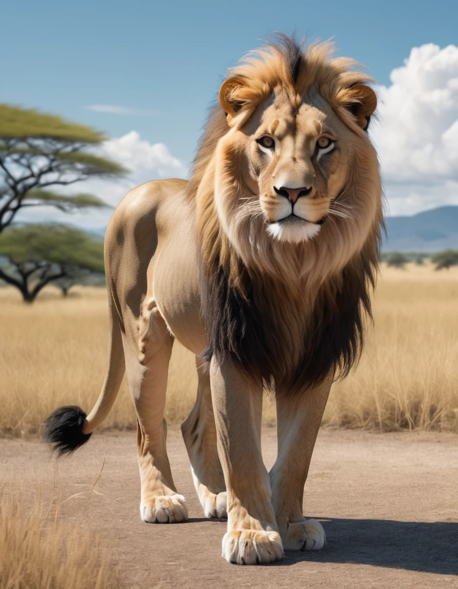 Please depict a realistic lion standing proudly in a savannah. The lion is wearing a red polo shirt, denim pants, and blue shoes. It stands in a confident pose, with a proud expression on its face. The background features an expansive grassland, sparse trees, and a distant view of a blue sky with white clouds. The lion's fur should be depicted in a realistic and detailed manner, with its mane appearing to be gently blowing in the wind.