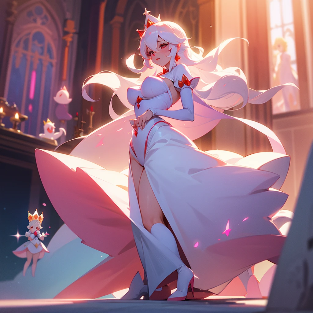 white princess peach cosplay, white princess peach with white bikini, with white hair, red eyes, tall and voluptuous, her crown with a pink diamond. little ghosts in the background, in the night church, photo