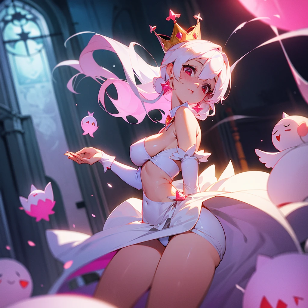 white princess peach cosplay, white princess peach with white bikini, with white hair, red eyes, tall and voluptuous, her crown with a pink diamond. little ghosts in the background, in the night church, photo