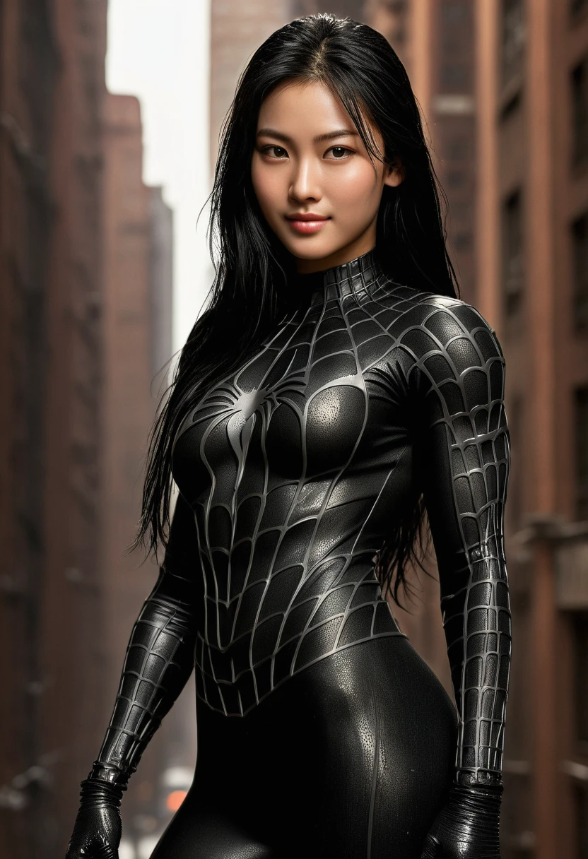 score_9, score_8_up, score_7_up, best quality, realistic, masterpiece, beautiful detail, hyperrealistic, (1girl, woman body, smile, black hair), big breasts:1, amazing detailed full body portrait of a beautiful korean girl, defined muscle girl, wearing a realistic and highly detailed black raimi spider-man suit, ((huge muscular girl)), professional model wears ultra - detailed black raimi spider - man suit, ultra - detailed and grained black raimi spiderman suit, suit covered entire body and hand, black spiderman gloves, wet, (romantic scene), (full body), (dirty skin), close up, octane render, highly detailed, volumetric, dramatic lighting, (highest quality:1.1), (HDR:1.3), (top quality, best quality), realistic, high definition,