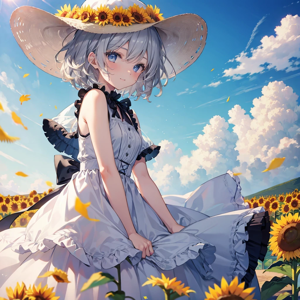 ((((Frilly clothes Sunflower field)))) (((Gray Hair short hair blue eyes woman profile Reach out))),((Blowing in the Wind sunlight sun cloud)),(Wearing a hat Beige clothes smile), Showing teeth Shining Background Shining Edges