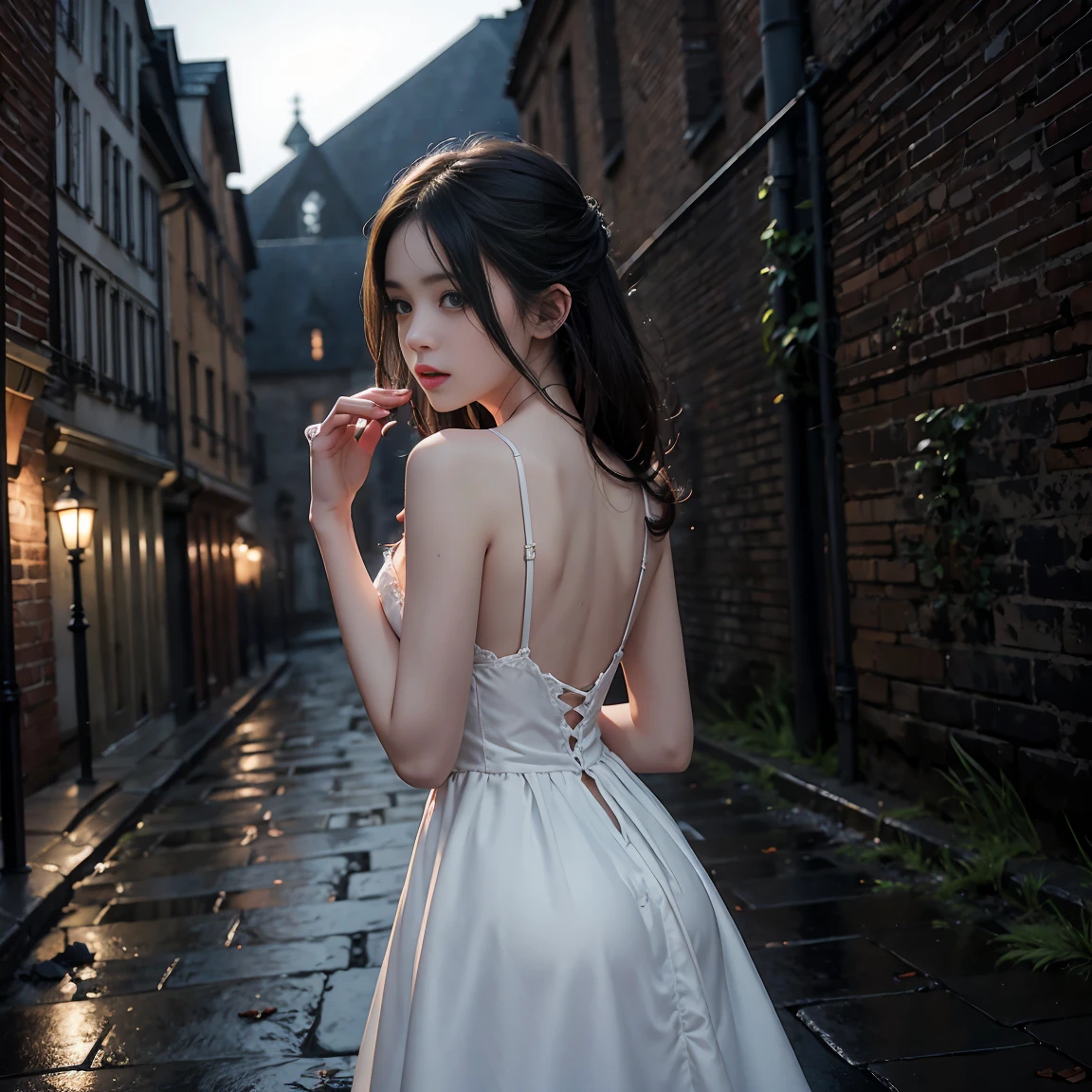 Paris back alley, dimly lit, brick walls, cobblestone ground, decaying church, faint streetlight, gloomy atmosphere, Pierre, weary expression, holding an eyeball, Marie, white dress, innocent, semi-transparent, Juliette, red dress, sensual, semi-transparent, eyeballs on the ground, reflection of the abyss, cold blue and gray, dresses stand out