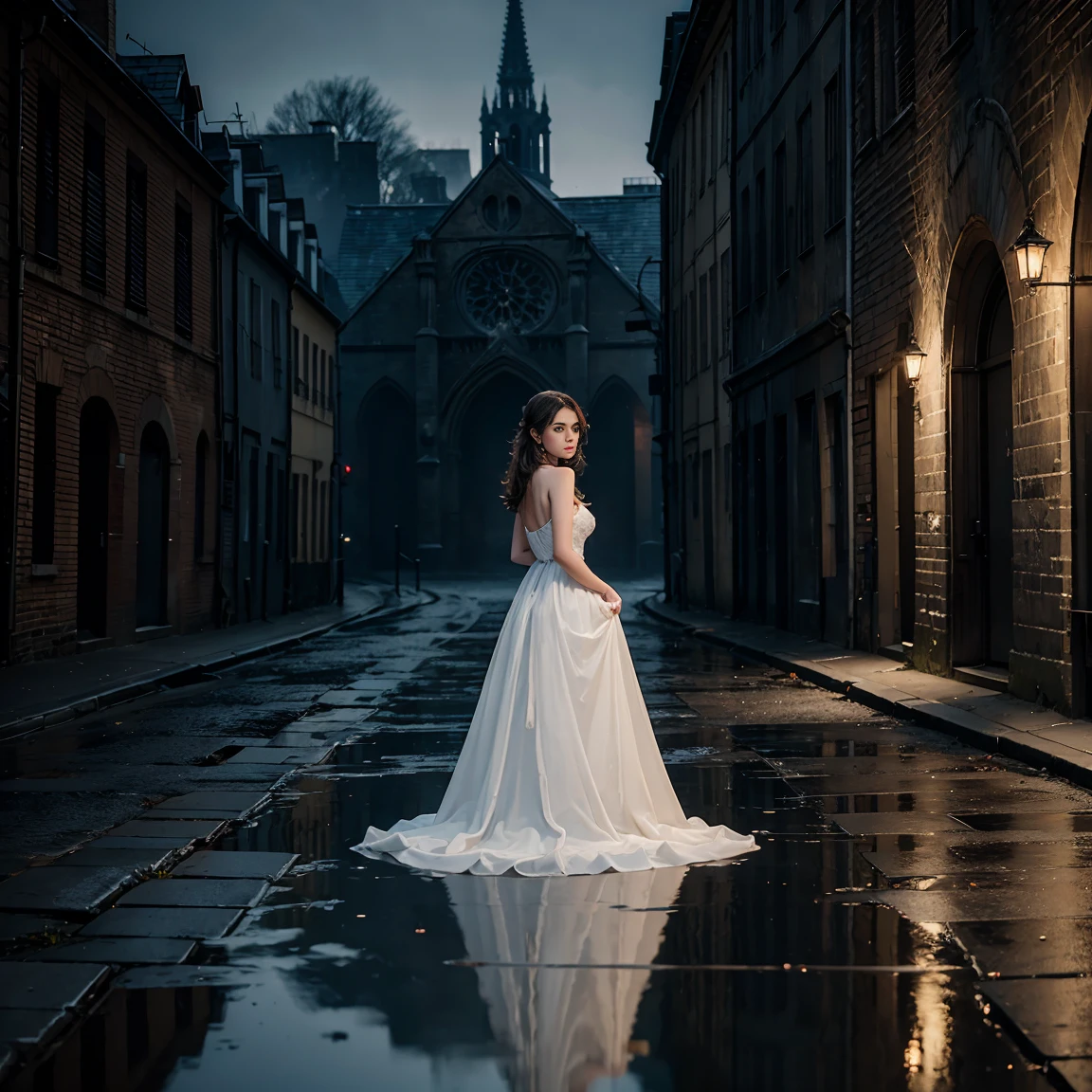 Paris back alley, dimly lit, brick walls, cobblestone ground, decaying church, faint streetlight, gloomy atmosphere, Pierre, weary expression, holding an eyeball, Marie, white dress, innocent, semi-transparent, Juliette, red dress, sensual, semi-transparent, eyeballs on the ground, reflection of the abyss, cold blue and gray, dresses stand out