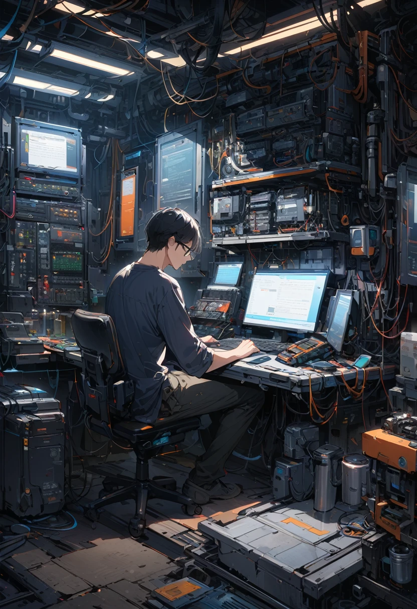 Ridiculous resolution, high resolution, (masterpiece: 1.4), Ultra Detail, man with messy black hair and glasses dressed as network engineer, A very high-tech robotic arm workbench