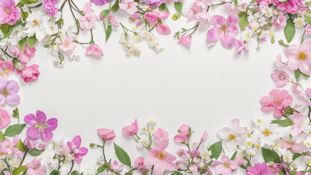 White background in the center、Colorful multicolored flowers, Bohemian Flower Vine, Floral Background, flower details, 夢のようなFloral Background, floral motif, Dreams of flowers, pressed flower, Floral, White background without shadows, 8K、A wreath made of cherry blossom branches and flowers、No text