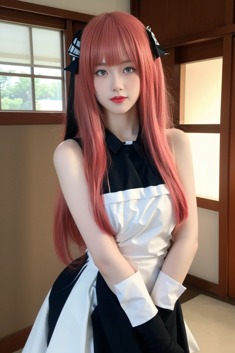 best quality, tmasterpiece,Ultra-high resolution,Clear face,（Reality：1.4），ferpect lighting，(upper body photo), (photorealistic:1.50), anime wallpaper, Guviz style artwork, cover-up fantasy up to magic , by Yang J, Guviz, beautiful artwork illustration, beautiful digital artwork, beautiful digital illustration, Li Song, beautiful anime portrait, art style in Beauvot, 1girl, 独奏, long hair, (pink hair:1.3), hair ornament, black hair ribbon, (maid dress:1.3), sleeveless, white apron, standing, background inside the house, room, looking at viwer,