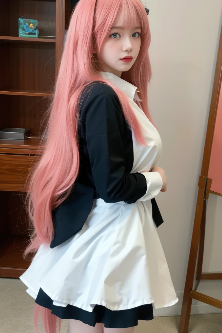 best quality, tmasterpiece,Ultra-high resolution,Clear face,(Reality:1.4),ferpect lighting,(upper body photo), (photorealistic:1.50), anime wallpaper, Guviz style artwork, cover-up fantasy up to magic , by Yang J, Guviz, beautiful artwork illustration, beautiful digital artwork, beautiful digital illustration, Li Song, beautiful anime portrait, art style in Beauvot, 1girl, 独奏, long hair, (pink hair:1.3), hair ornament, black hair ribbon, (maid dress:1.3), sleeveless, white ?????, standing, background inside the house, room, looking at viwer,