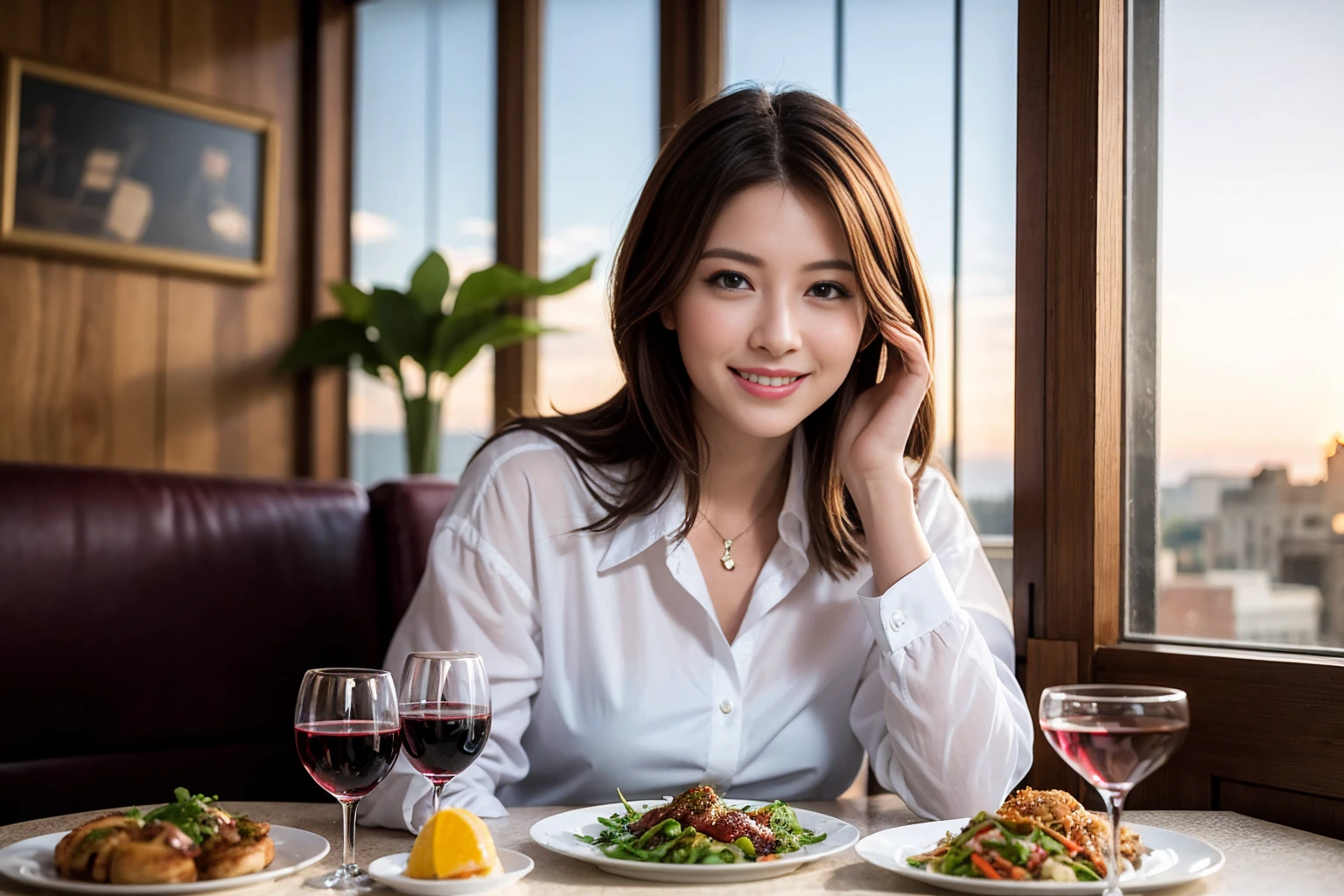 ((Highest quality、8K、masterpiece:1.3))、slimカップル、modelカップル、(Realistic, Intricate details:1.2), full-course dinner、Wine Party、Amazing view of the sunset sky and clouds、A bright smile、The wonderfulness of smile、Bright image、The beauty of wine, Beautiful Face, blue eyes, The light shines on your face, Blushing, short hair,Bright Face、 (Age 37), 39 years old, red wine 、Appetizers、Italian food、Wine bottle、Champagne、sparkling wine、Two beauties、Brown Hair、Shortcuts、Long sleeve shirt、dress、Beautiful woman 1, (slimな顔), (The body is slim), (Brown Hair), (Shortcuts), cheeks turn a little red,Attractive beauty、restaurant, In a prominent place (From the waist up) Nova Frog Style, actress, model, Upper Body, White wine, slim, wine glass, 中央に置かれたwine glass, smile, (smile: 1.15), Beautiful fine grain, Depth f/2,saturation, High Contrast, Strong light and shadow,Moist Body:1.5、3D texture、Delicate eyes、Brown Hair、The hair is very shiny、