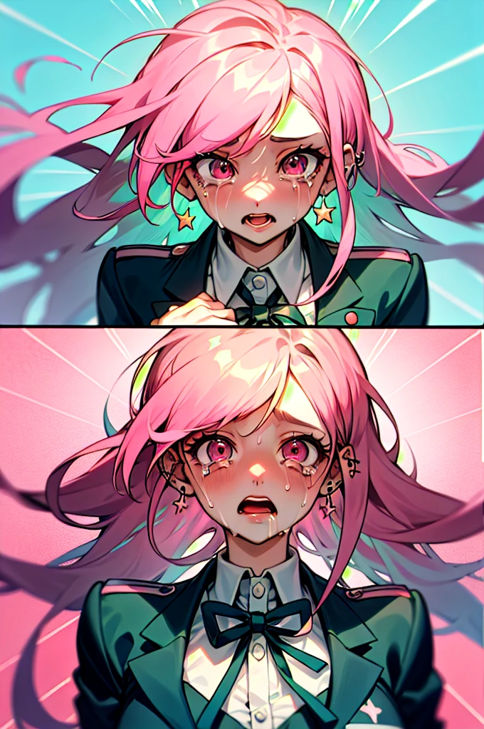 a girl from the danganronpa anime with long turquoise blue hair with green and pink streaks, pink eyes with stars,medium big tits, kibougamine academy uniform, piercings, thick red lips, crying inconsolably and screaming with her face full of her tears because she lost her real love she can’t contain herself and scream very loudly 