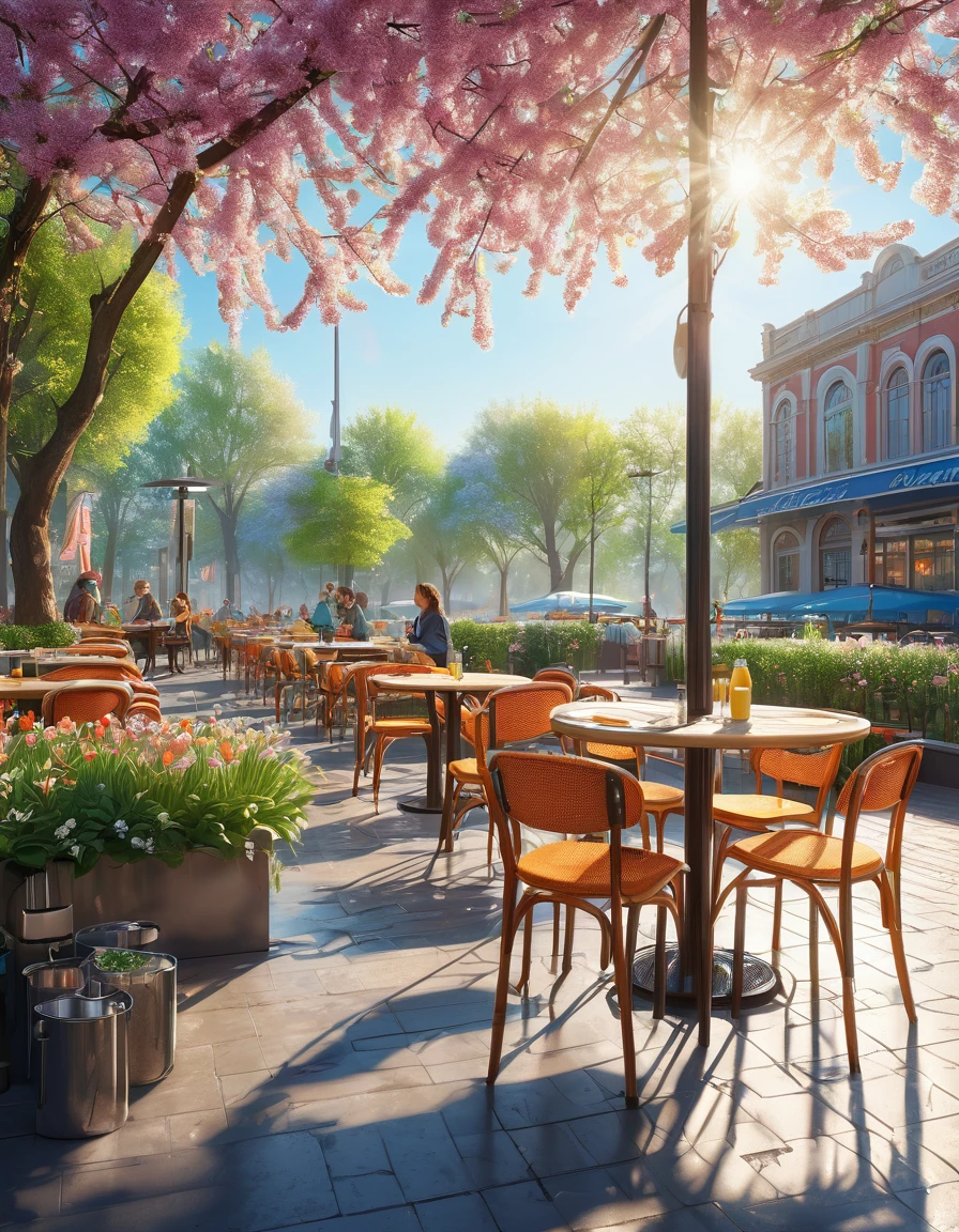 (best quality, Super detailed, Intricate details, professional, official art works, representative work), Spring morning, Cafeteria, Sunlight, masterpiece, perfect composition, bright colors, Realistic lighting