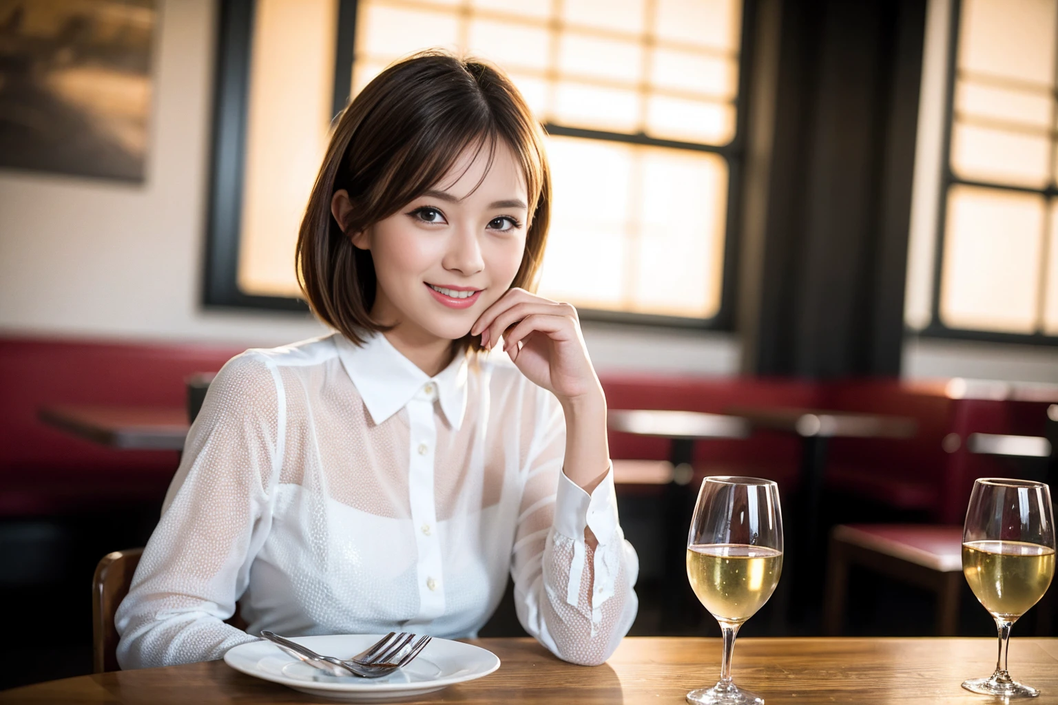 ((Highest quality、8K、masterpiece:1.3))、slimカップル、modelカップル、(Realistic, Intricate details:1.2), full-course dinner、Wine Party、Amazing view of the sunset sky and clouds、A bright smile、The wonderfulness of smile、Bright image、The beauty of wine, Beautiful Face, blue eyes, The light shines on your face, Blushing, short hair,Bright Face、 (Age 37), 39 years old, red wine 、Appetizers、Italian food、Wine bottle、Champagne、sparkling wine、Two beauties、Brown Hair、Shortcuts、Long sleeve shirt、dress、Beautiful woman 1, (slimな顔), (The body is slim), (Brown Hair), (Shortcuts), cheeks turn a little red,Attractive beauty、restaurant, In a prominent place (From the waist up) Nova Frog Style, actress, model, Upper Body, White wine, slim, wine glass, 中央に置かれたwine glass, smile, (smile: 1.15), Beautiful fine grain, Depth f/2,saturation, High Contrast, Strong light and shadow,Moist Body:1.5、3D texture、Delicate eyes、Brown Hair、The hair is very shiny、