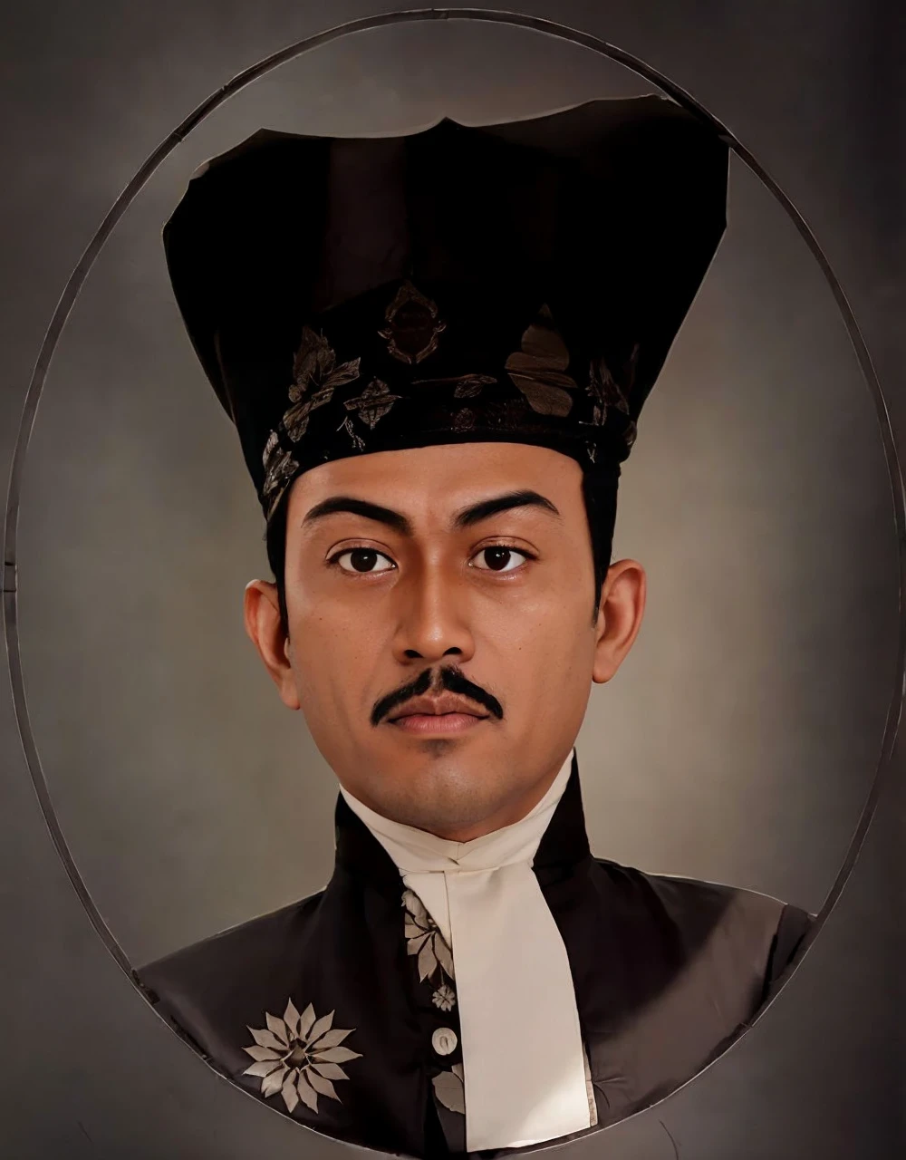 Indonesian Muslim man, aged 45 years or above, naturally wrinkled brown skin, wearing a high black head covering with detailed patterns and Kanigaran style clothes with the nuances of a great king, clear round glaring eyes, long eyebrows, small sharp nose, slightly thick lips, closed mouth, mustache Thick black, realistic HD quality images.