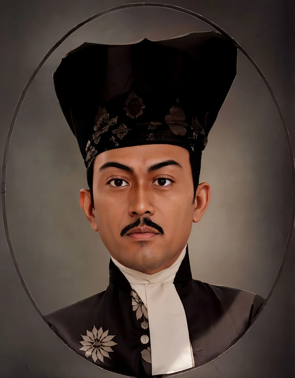 Indonesian Muslim man, aged 45 years or above, naturally wrinkled brown skin, wearing a high black head covering with detailed patterns and Kanigaran style clothes with the nuances of a great king, clear round glaring eyes, long eyebrows, small sharp nose, slightly thick lips, closed mouth, mustache Thick black, realistic HD quality images.