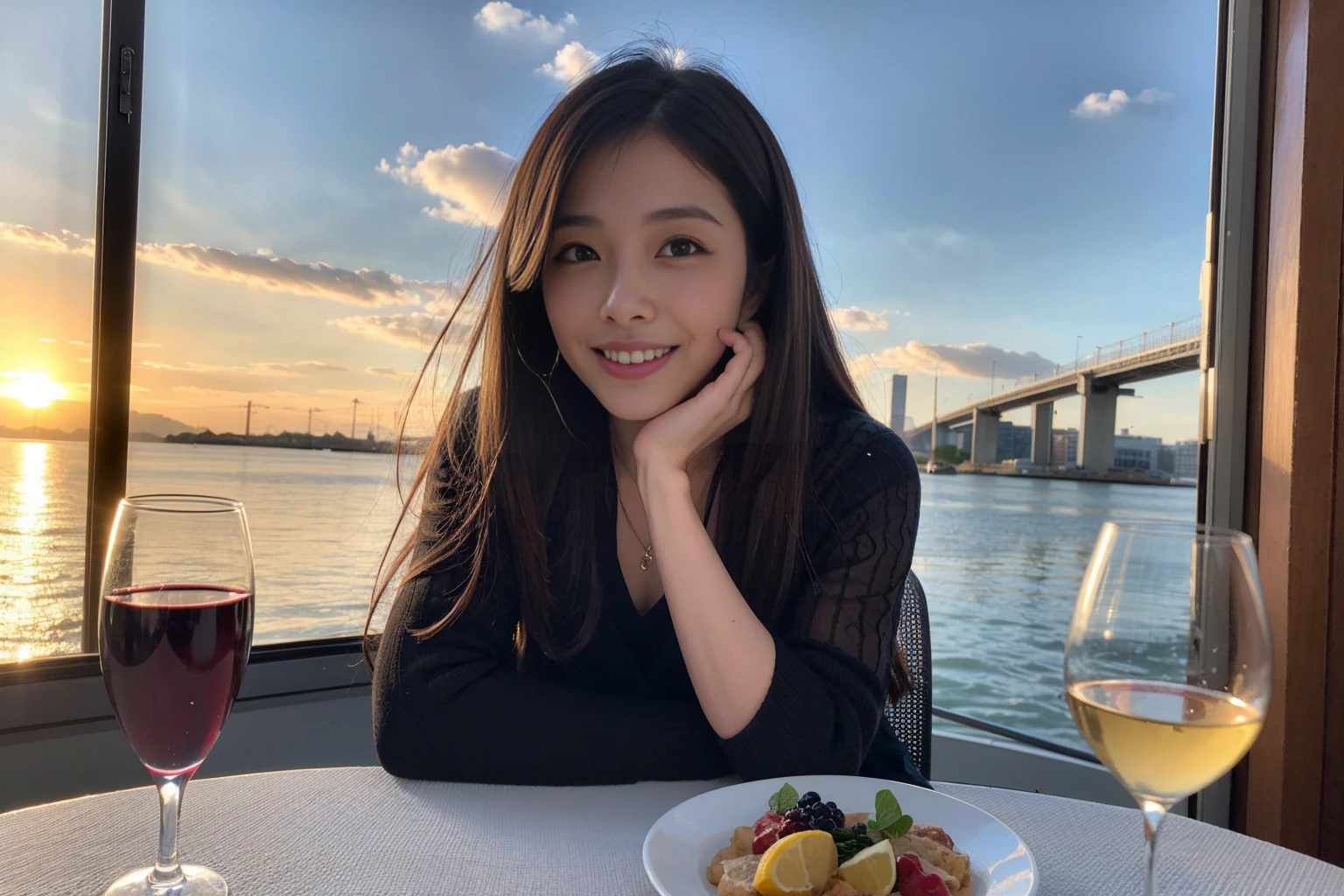 ((Highest quality、、masterpiece:1.3))、1 male、1 female、37 years old 39 years old、Slim Beauty、Beautiful couple、Upper Body、smile、 (Slim face), (the body is スリム), (Brown Hair), (Shortcuts), テーブルのフルコースディナーとwine glass、Amazing view of the sunset sky and clouds、smileの美しさ、Wine bottle、sparkling wine、Long sleeve shirt、dress、White wine, red wine, wine glass, Beautiful fine grain, Depth f/2,saturation, High Contrast, Strong light and shadow,Moist Body:1.5、3D texture、The hair is very shiny、