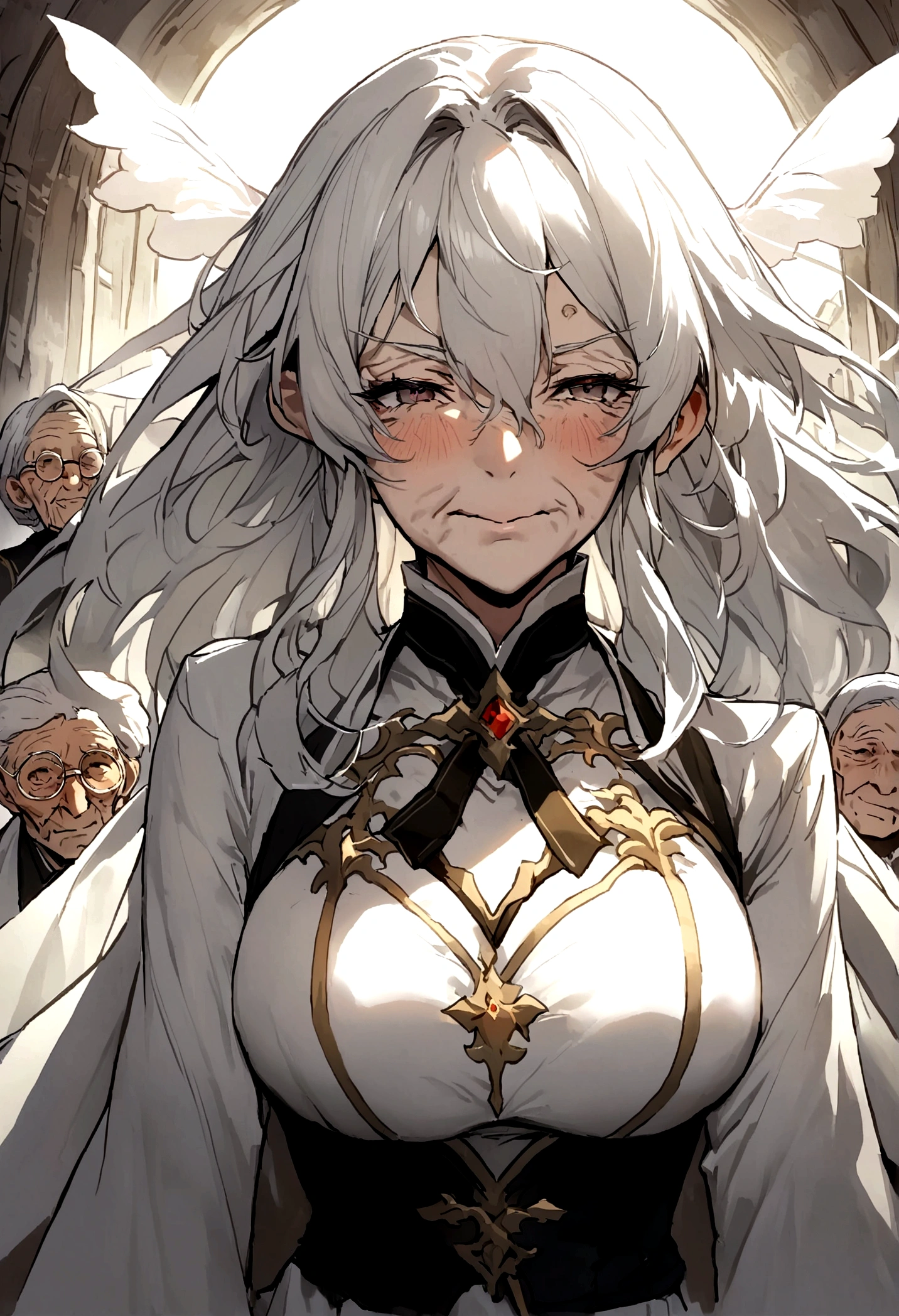 Chinese,Fairyland,Xianxia World,((Very old people,wrinkle)),Fairy,Fly in the air,White clothes,White hair,cloud,Luminescence,Facing the camera,Half-body exit,Kind face