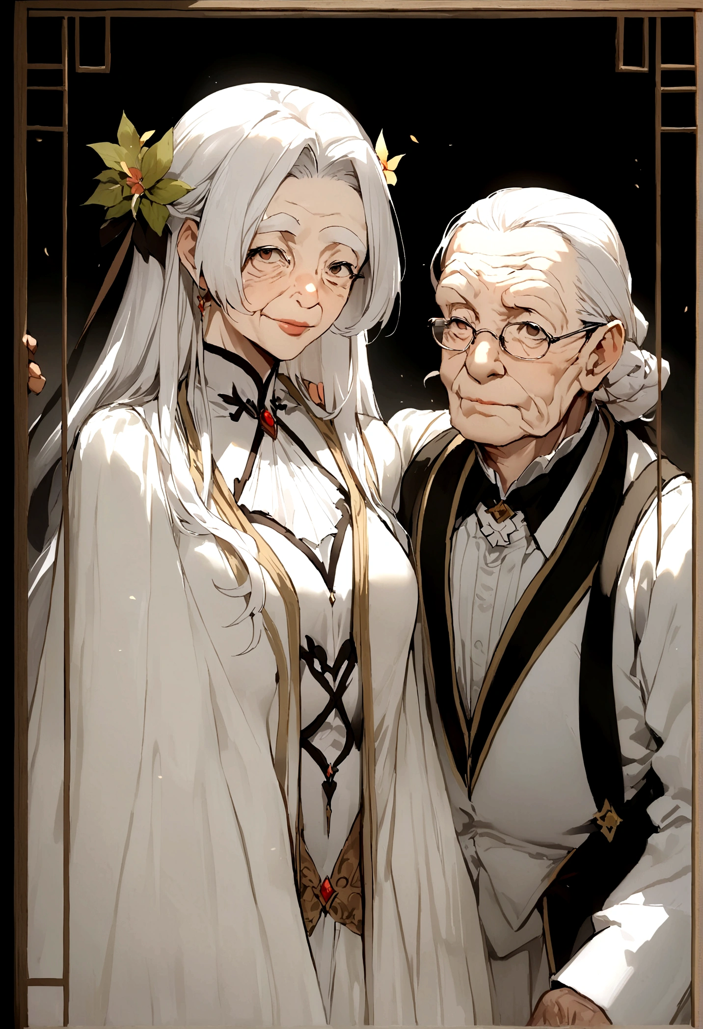 Chinese,Fairyland,Xianxia World,((Very old people,wrinkle)),Fairy,Fly in the air,White clothes,White hair,cloud,Luminescence,Facing the camera,Half-body exit,Kind face