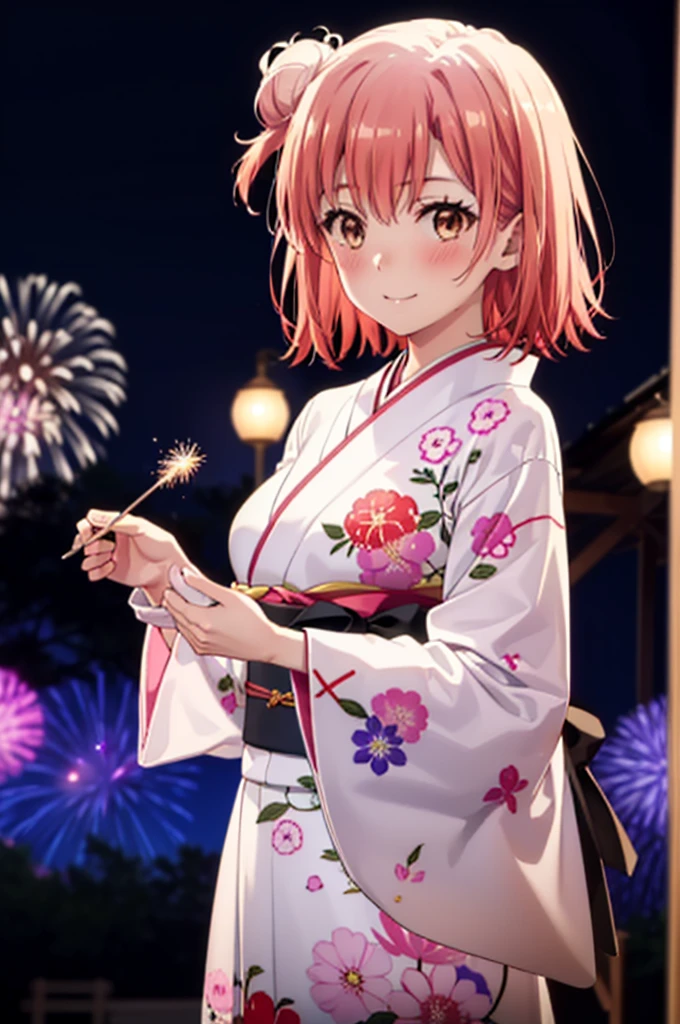 yuiyuigahama, yui yuigahama, short hair, (Brown eyes:1.5), (Pink Hair:1.2), smile,blush,Hair Bun,single Hair Bun, smile,Flower Hair Ornaments,Big Breasts,Pink kimono,Thick sleeves,Pink long skirt,Japanese Festivals,Summer festival food stalls,Red lantern,Fireworks in the night sky、Fireworks,The place is a fireworks display,Time is night,whole bodyがイラストに入るように
break outdoors, shrine,
break looking at viewer, whole body, (Cowboy Shot:1. 5)
break (masterpiece:1.2), Highest quality, High resolution, unity 8k wallpaper, (figure:0.8), (Beautiful attention to detail:1.6), Highly detailed face, Perfect lighting, Highly detailed CG, (Perfect hands, Perfect Anatomy),