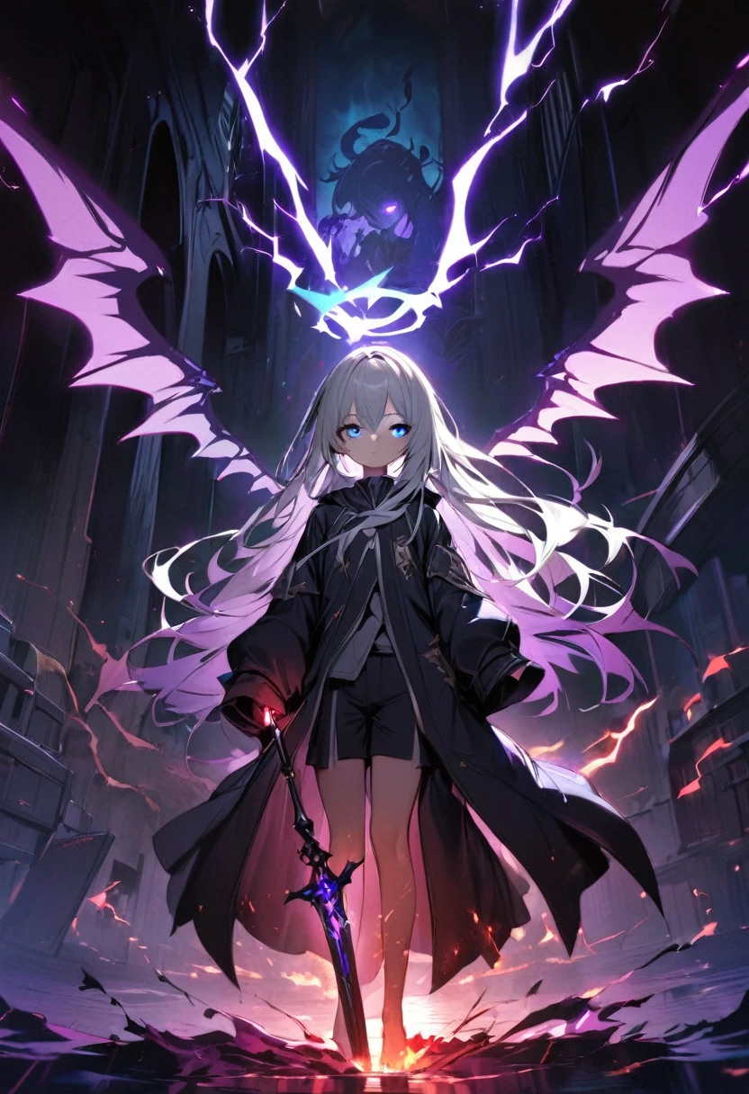 elementary, Shadow Surrounding Girl, lightning, Green Aura, Red aura, Purple aura, Flames surrounding the girl, masterpiece, Dark Theme, Highest quality, Maximum details, Very fine eye, Professional coloring, cinematic lightning, Remaining, Written boundary depth, Backlight, One Girl, Young girl, Silver Hair, Long Hair, Black glowing halo, Shining blue sea, Blue Flame, Magic wings on your back, Fantasy-inspired costumes, Black long coat, shirt, Black trousers, Expressionless, heterochromatic eyes, Heterochromia iridis, Purple left eye and blue right eye, Odd Eye, Glowing Eyes, He placed one hand on the hilt of the thin black long sword that was sticking out of his hand.,