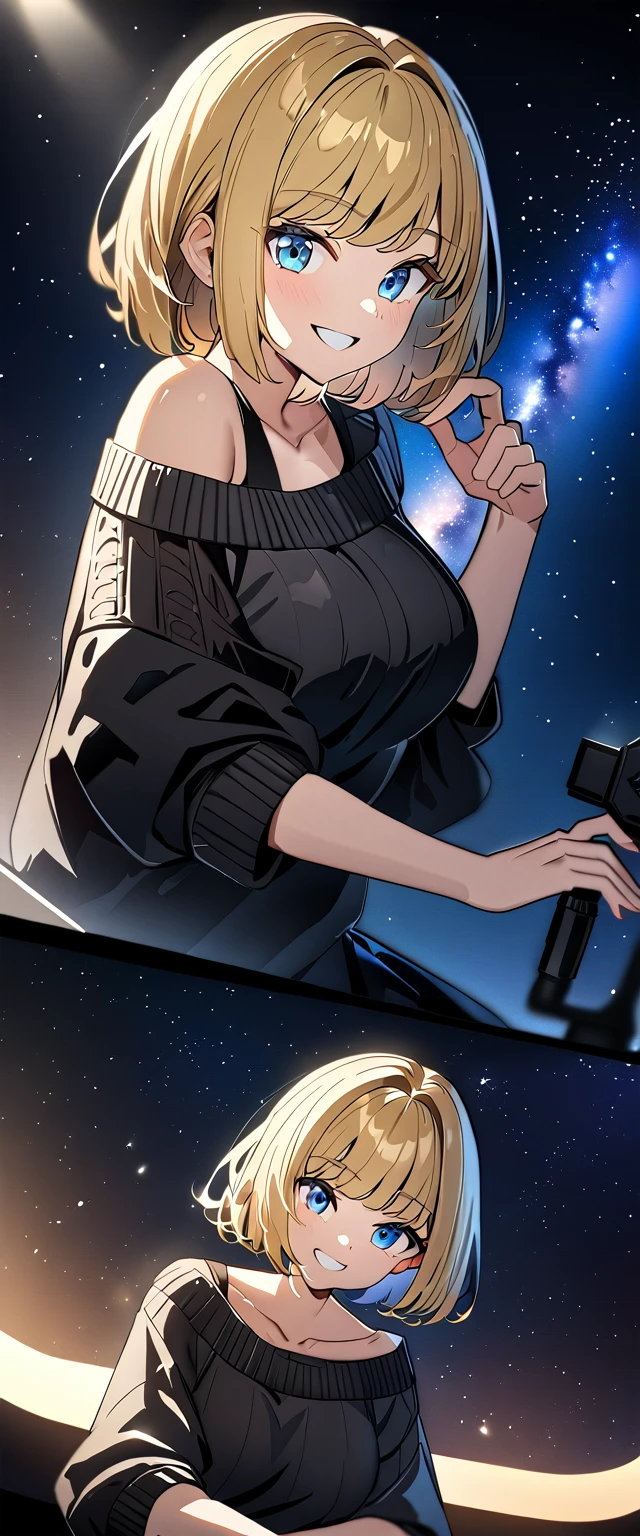 from side, ((grin)), sunglasses, hand to sunglasses, ((off-shoulder sweater:1.3, Quite thick shoulder straps)), ((black sweater)), (()), (((from above))), ((((upper body)))), ((Leaning to side)), (((a beautiful starry sky, the Milky Way shining beautifully in the night))), ((sitting on the very high cliff)), wavy hair, inward curled hair, sea, ((blond hair, bob cut:1.3)), breasts, teenager, (looking at viewer), oversized clothes, puffy long sleeves, collarbone, head tilt:1.3, (((blue eyes))), happy smile, (((anime style))), (best quality, 4K, 8K, highres, masterpiece:1.2, ultra-detailed, ultra-detailed eyes, HDR, uhd, studio lighting, ultra-fine painting, sharp focus, physically-based rendering, extreme detail description, professional, vivid colors, bokeh)