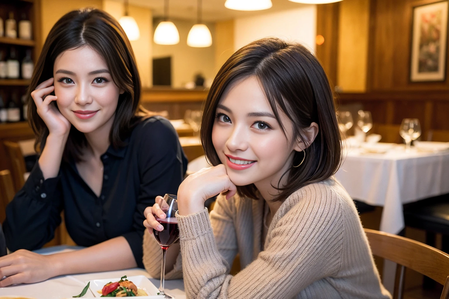 ((Highest quality、8K、masterpiece:1.3))、slimカップル、modelカップル、(Realistic, Intricate details:1.2), full-course dinner、Wine Party、Amazing view of the sunset sky and clouds、A bright smile、The wonderfulness of smile、Bright image、The beauty of wine, Beautiful Face, blue eyes, The light shines on your face, Blushing, short hair,Bright Face、 (Age 37), 39 years old, red wine 、Appetizers、Italian food、Wine bottle、Champagne、sparkling wine、Two beauties、Brown Hair、Shortcuts、Long sleeve shirt、dress、Beautiful woman 1, (slimな顔), (The body is slim), (Brown Hair), (Shortcuts), cheeks turn a little red,Attractive beauty、restaurant, In a prominent place (From the waist up) Nova Frog Style, actress, model, Upper Body, White wine, slim, wine glass, 中央に置かれたwine glass, smile, (smile: 1.15), Beautiful fine grain, Depth f/2,saturation, High Contrast, Strong light and shadow,Moist Body:1.5、3D texture、Delicate eyes、Brown Hair、The hair is very shiny、