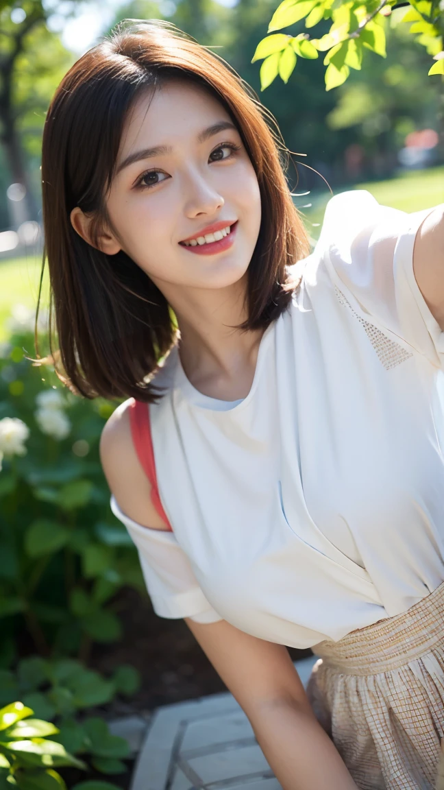 Highest quality,8k,Brown Hair,Shoulder-length bob,clear系美女,ccup,smile,Shiny skin,Clothes that are popular with men,Shown in full-body photo,Looking up,Strong sunlight, bright, She is smiling gently with the corners of her mouth turned up,Realistic skin texture,double eyelid,Japanese,Taking a selfie,Eye color is dark brown,garden,a sunny day,clear,19~22age,Photorealistic,Arms behind head,Looks energetic,giggle,Super detailed,Ultra-high resolution,She is wearing red lipstick